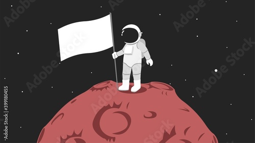 Cartoon astronaut with white flag standing on Mars