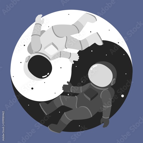 Two black and white astronauts in the Yin Yang sign