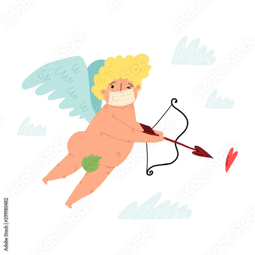 A cute hand-drawn flying Cupid in medical face mask with slings and arrow aim at heart. Clouds around.