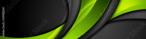High contrast green and black glossy waves. Abstract tech graphic banner design. Vector corporate background