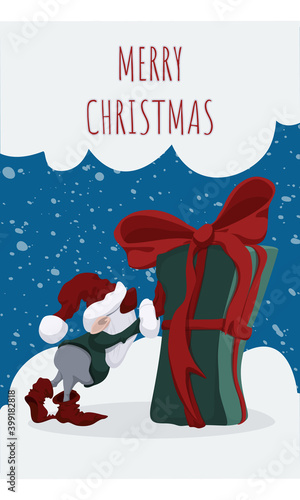 Cute christmas postcard with an old elf pushing a heavy gift box. Vector illustration