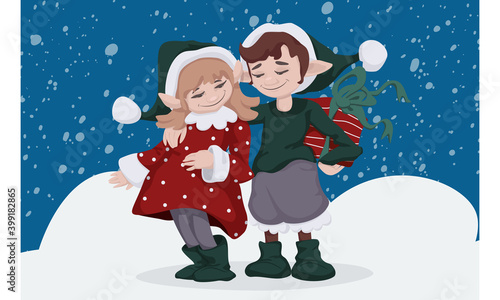 Cute postcard with little elf couple. Boy with a gift in his hands and a girl. Vector illustration