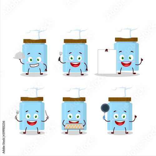 Cartoon character of jar with various chef emoticons