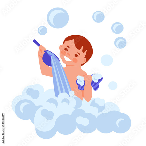 A little boy washes in a bubble bath. Vector concept. Cartoon flat style. Isolated on a white background.