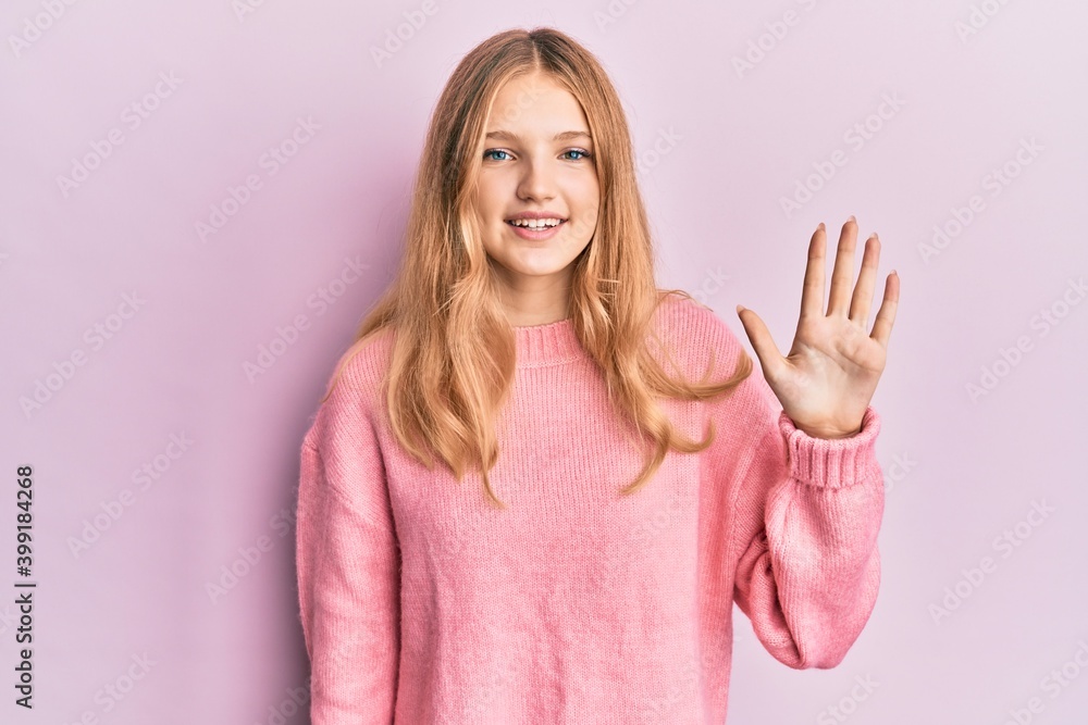 Beautiful young caucasian girl wearing casual clothes showing and pointing up with fingers number five while smiling confident and happy. Beautiful young caucasian girl wearing casual clothes showing and pointing up with fingers number five while smiling confident and happy.