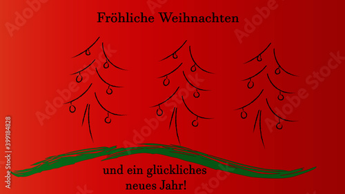 3 Weihnachts Bäume mit Kugeln auf rotem Verlaufs-Hintergrund mit Text, Fröhliche Weihnachten und ein glückliches neues Jahr.