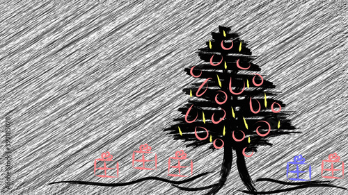 Weihnachtsbaum mit Kugeln und Geschenke Hintergrund mit Bleistiftschrafur
