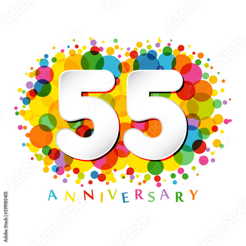 55 th anniversary numbers. 55 years old coloured congrats. Cute congratulation concept. Isolated abstract graphic design template. White digits. Up to 55%, -55% percent off discount. Decorative sign.