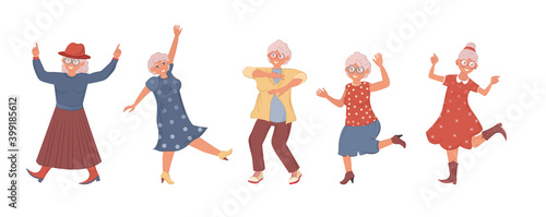 Old dancing people. An elderly man and woman senior age person dance. Happy active elderly couple on music party together and singly. Dancers grandmother and grandfather cartoon vector