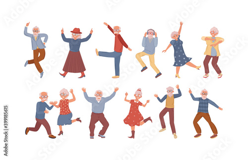 Old dancing people. An elderly man and woman senior age person dance. Happy active elderly couple on music party together and singly. Dancers grandmother and grandfather cartoon vector