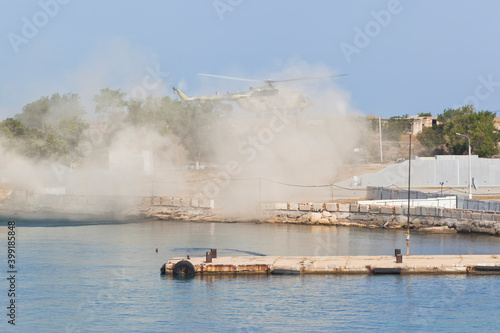 Helicopter Mi-8AMTSh Russian Aerospace Forces takes off from the site at the Konstantinovskaya battery in the city of Sevastopol, Crimea