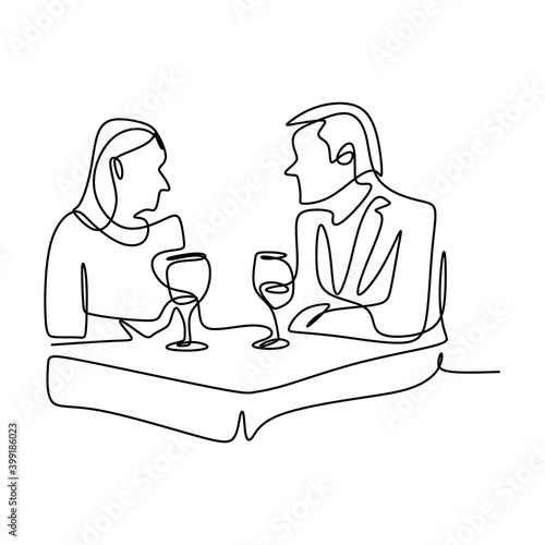 Continuous one line drawing of happy romantic young couple dinner with table and wine. Male and female couple doing date and dinner together. The concept of love, dating, and restaurant