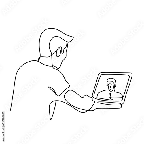 Man working or learning from home having online videoconference on laptop continuous one line hand-drawn minimalism design. Zoom video call isolated on white background. Vector illustration