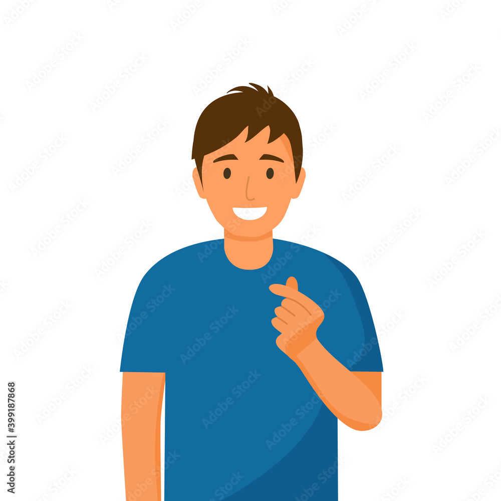 A man with message of love hand gesture. Hand fold into heart symbol. Korean symbol finger heart design vector illustration on white background.