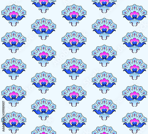 Turkish Tile Pattern Seamless Texture Design. Crown leaf motif on a baby blue background.