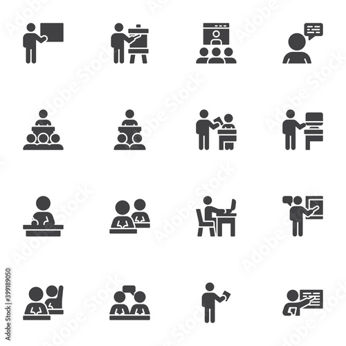 Business training vector icons set, modern solid symbol collection, filled style pictogram pack. Signs, logo illustration. Set includes icons as business people presentation, conference meeting