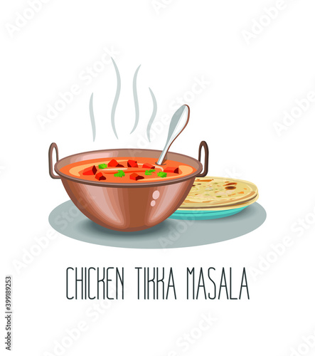 Vector illustration of Chicken Tikka masala and naan