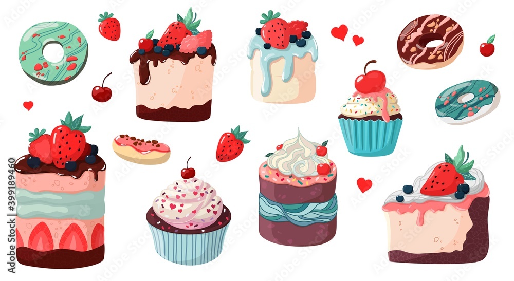 A set of items with sweet pastries. Lots of delicate delicious desserts. Vector illustration isolated on white background.Sweets and donuts with chocolate, berries and colored sprinkles A set of items with sweet pastries. Lots of delicate delicious desserts. Vector illustration isolated on white background.Sweets and donuts with chocolate, berries and colored sprinkles