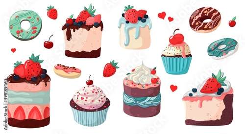 A set of items with sweet pastries. Lots of delicate delicious desserts. Vector illustration isolated on white background.Sweets and donuts with chocolate  berries and colored sprinkles