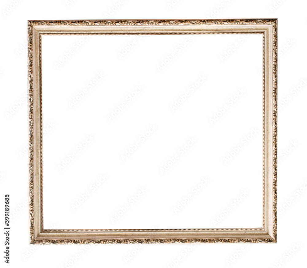 Obraz premium Square thin aged gold or bronze frame with ornaments, luxury for a Museum painting: place for text, picture, photo, image, text, isolated on a white background