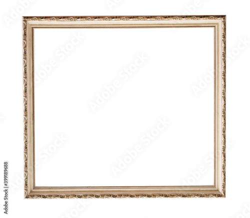 Square thin aged gold or bronze frame with ornaments, luxury for a Museum painting:
place for text, picture, photo, image, text, isolated on a white background