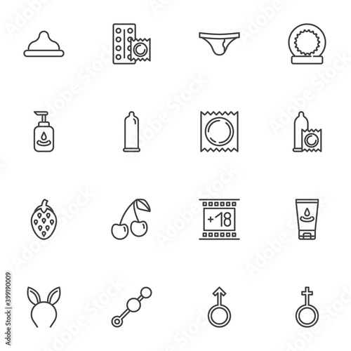 Sex shop line icons set, outline vector symbol collection, linear style pictogram pack. Signs, logo illustration. Set includes icons as contraceptive condom, sex toys, lubricant cream