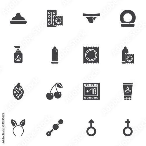 Sex shop vector icons set, modern solid symbol collection, filled style pictogram pack. Signs, logo illustration. Set includes icons as contraceptive condom, sex toys, lubricant cream
