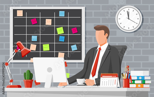 Businessman at work. Office desk with computer chair, lamp, coffee cup, cactus document papers. Calendar, stationery, folders. Modern business workplace. Home workspace table. Flat vector illustration