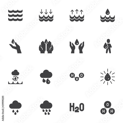 Water related vector icons set, modern solid symbol collection, filled style pictogram pack. Signs, logo illustration. Set includes icons as raindrop, washing hands, h2o chemical formula, cloud rain