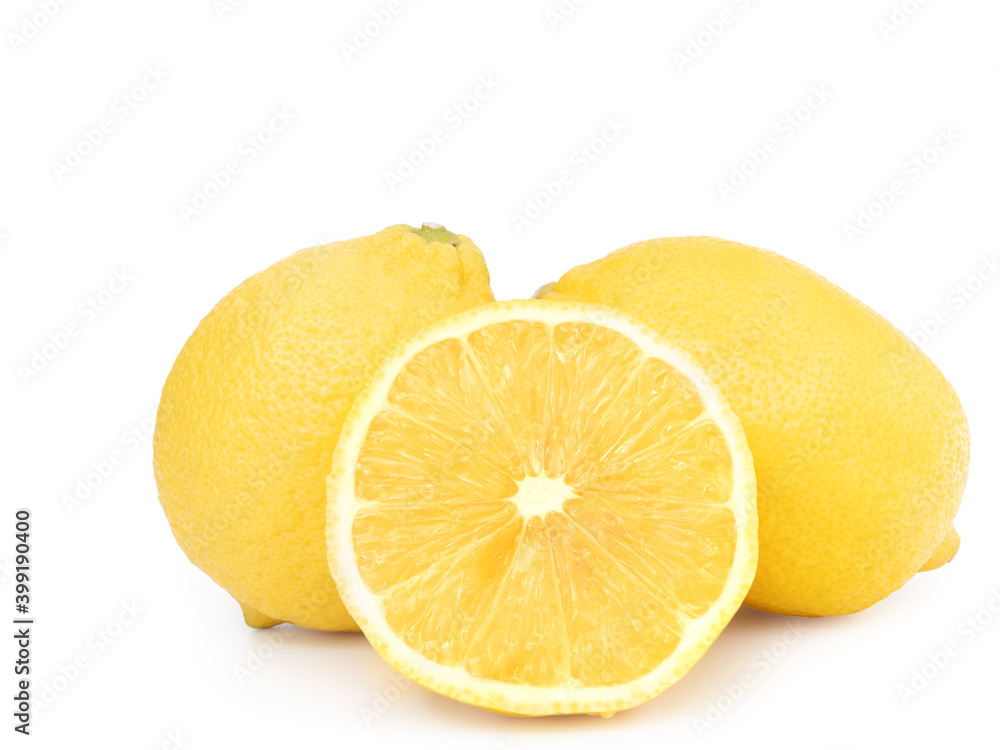Yellow lemon citrus fruit whole and half isolated on white background with clipping path.. Yellow lemon citrus fruit whole and half isolated on white background with clipping path..