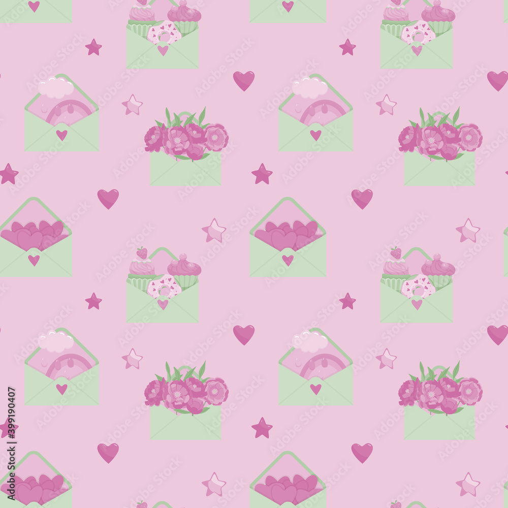 Seamless pattern with cute envelopes with a bouquet of flowers, cupcakes, hearts and a rainbow with a cloud peeking out. Bright cartoon illustration for textiles, paper, Wallpaper.