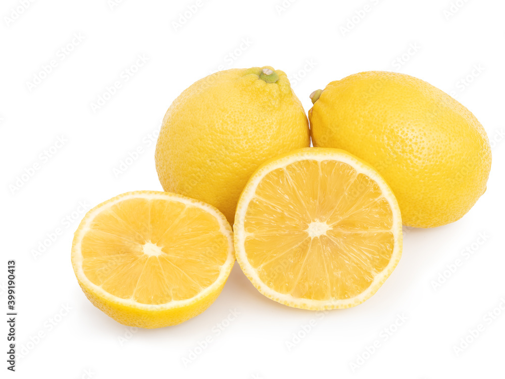 Yellow lemon citrus fruit whole and half isolated on white background with clipping path.. Yellow lemon citrus fruit whole and half isolated on white background with clipping path..