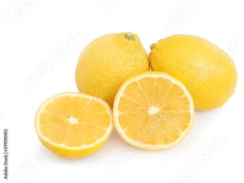 Yellow lemon citrus fruit whole and half isolated on white background with clipping path..