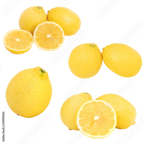 Group of yellow lemons citrus fruit whole and half isolated on white background .