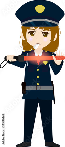 ホイッスルを吹きながらストップを警告する女警備員のイラスト