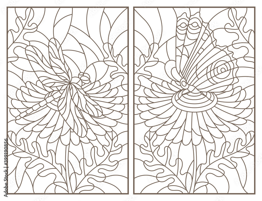 Set of contour illustrations of stained-glass Windows with flowers dragonflys and butterflies, rectangular images, dark contours on a white background Set of contour illustrations of stained-glass Windows with flowers dragonflys and butterflies, rectangular images, dark contours on a white background