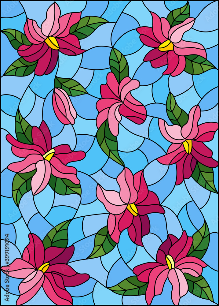 Illustration in stained glass style with intertwined abstract pink flowers on a blue background, rectangular image