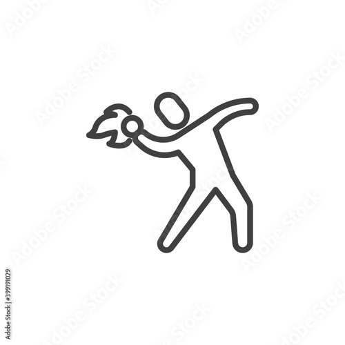 Man throw a fire bottle line icon. linear style sign for mobile concept and web design. Man with a burning Molotov cocktail outline vector icon. Symbol, logo illustration. Vector graphics