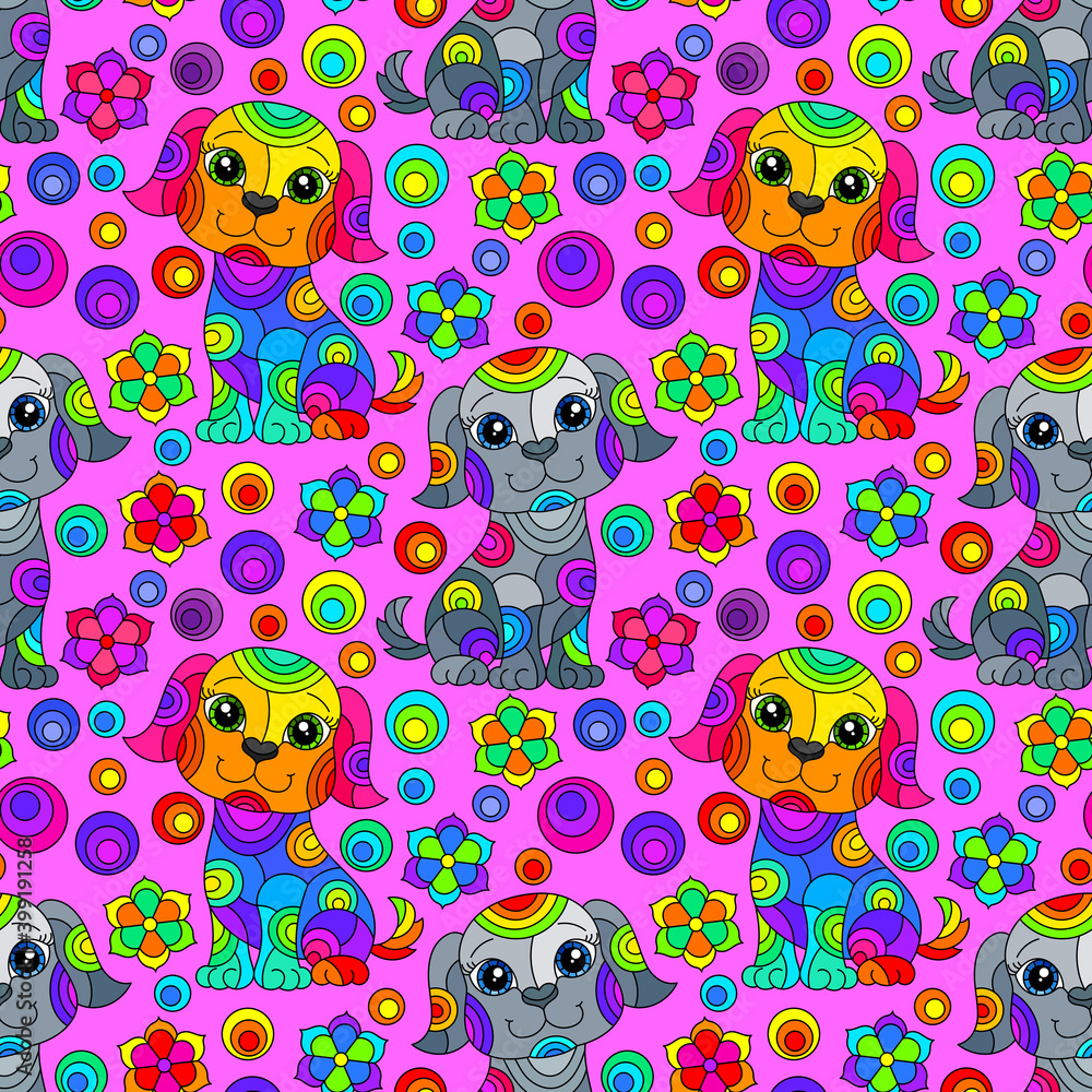 Obraz premium Seamless pattern with bright cartoon dogs and flowers in stained glass style on a pink background