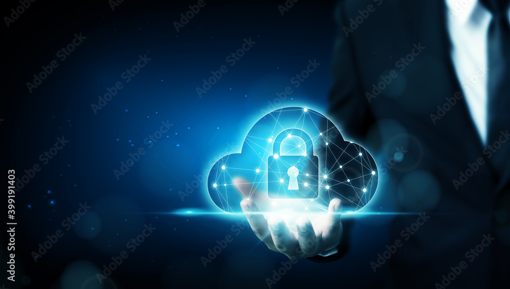 Cloud computing and technology network connection concept. Businessman hand holding cloud server protect data device Cloud computing and technology network connection concept. Businessman hand holding cloud server protect data device