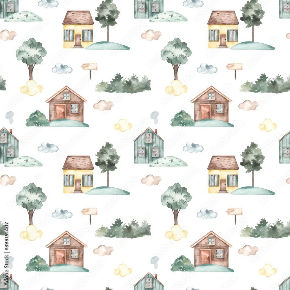 Watercolor seamless pattern with cute cartoon houses, trees, clouds, pointer, bush, spruce on a white background
