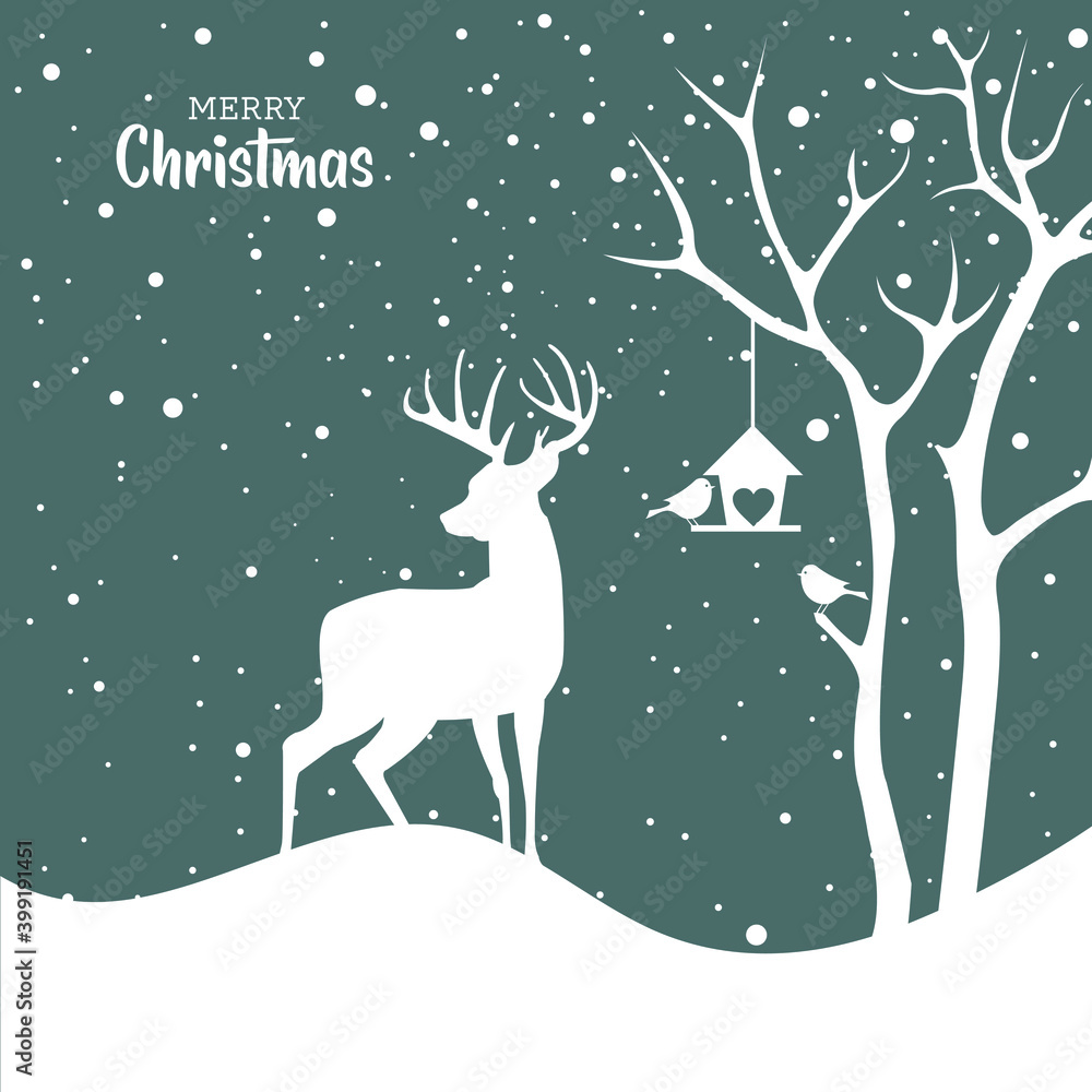 Christmas card with a deer and winter landscape. Merry Christmas tree with birds.