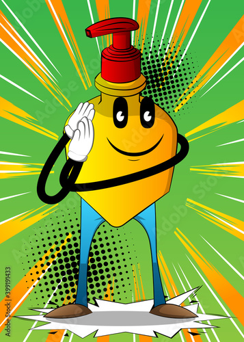 Cartoon bottle of hand sanitizer gel for hygiene with face holds both hand at his ear, listening.