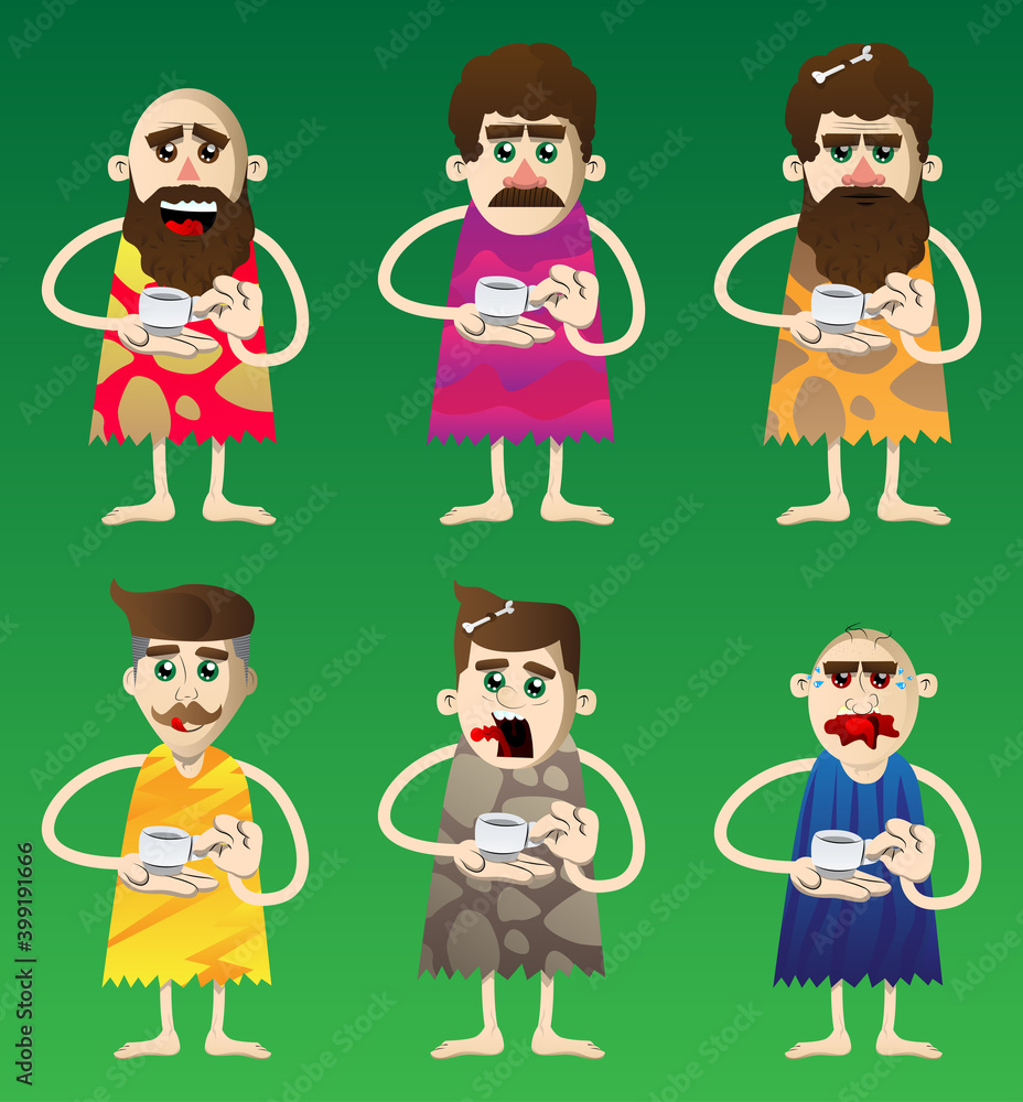 Cartoon man from a prehistoric era holding a cup of coffee. Vector illustration of a man from the stone age. Cartoon man from a prehistoric era holding a cup of coffee. Vector illustration of a man from the stone age.