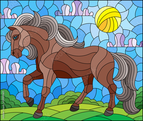 Illustration in stained glass style with a wild horse on a background of fields and a cloudy sky with the sun, rectangular image