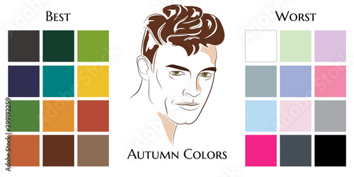Stock vector seasonal color analysis palettes with best and worst colors for autumn type of male appearance. Face of young man