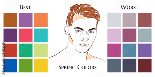 Stock vector seasonal color analysis palettes with best and worst colors for spring type of male appearance. Face of young man