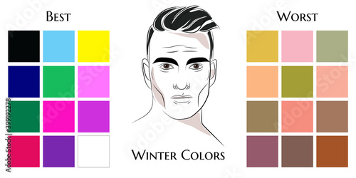 Stock vector seasonal color analysis palettes with best and worst colors for winter type of male appearance. Face of young man