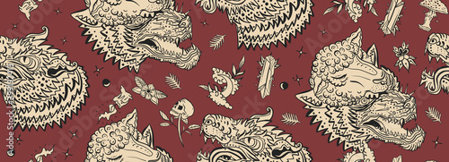 Wolf head, dark seamless pattern. Old school tattoo style. Magic fairy tale style background. Werewolf in sheep clothing. Aggressive wolves art