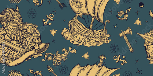 Vikings seamless pattern. Northern history background Old school tattoo style. Medieval barbarian warrior, long boat. Scandinavian culture. Valhalla art